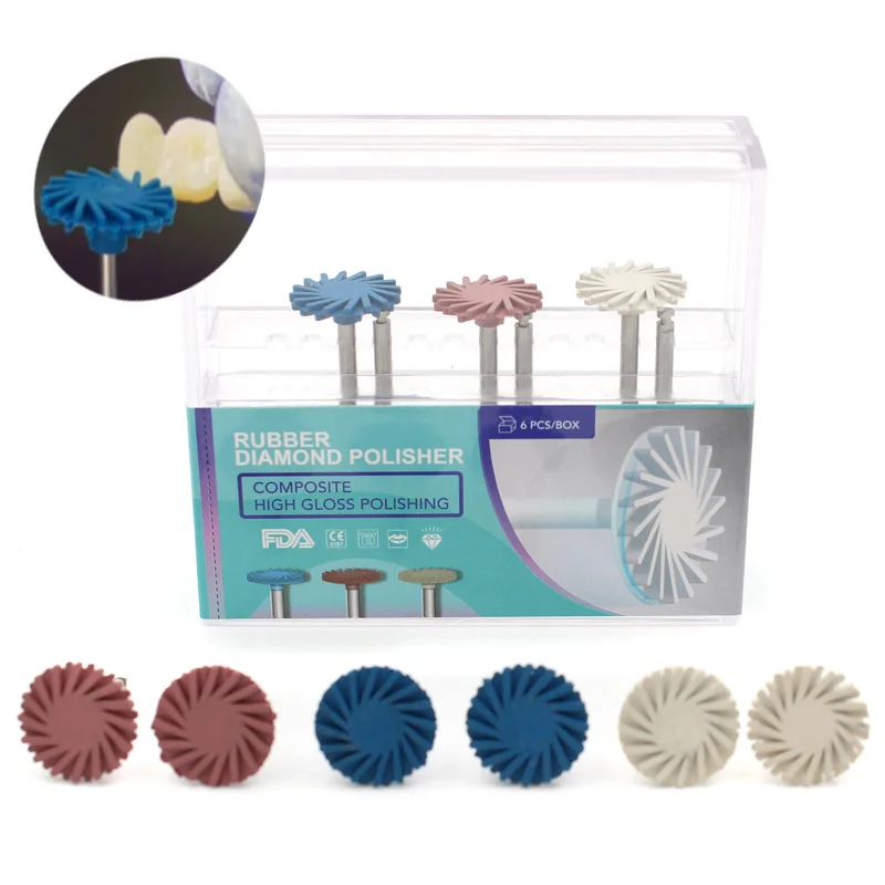 

Dental Rubber Polisher Composite Resin Polishing Kit 6pcs/box Diamond System RA Disc Kit 14mm Wheel Spiral Flex Burs Tools