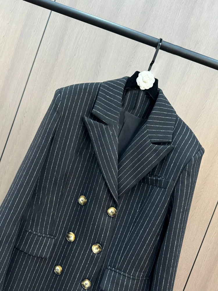 VGH Formal Striped Design Women Blazers Notched Collar Long Sleeve Patchwork Double Breasted Office Temperament Coats Female New