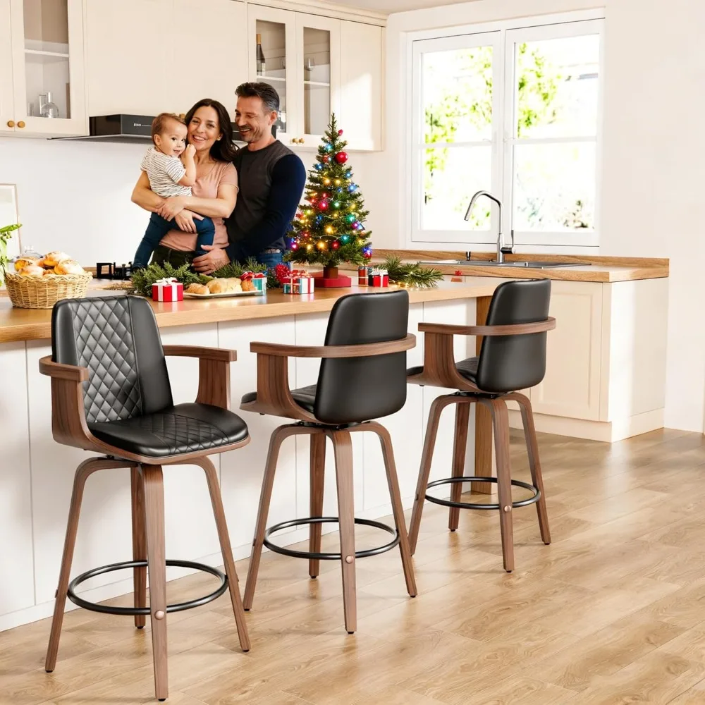 Bar Stools Set of 2, 26 Bentwood Barstools with Arms, Mid-Century Modern Counter Height Swivel Bar Chairs, PU Leather Barstools