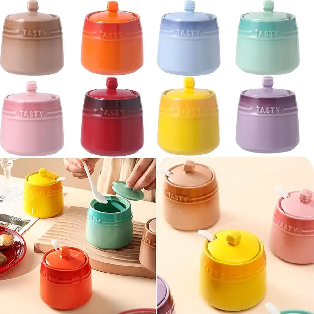 Gradient Colored Ceramic Spice Jar Spoon Large Capacity Sugar Pot Durable Easy To Clean Condiment Storage Container Home