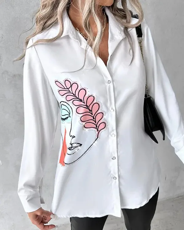 Women's Fashion Hot Diamond Abstract Printed Single Breasted Shirt Spring Casual Long Sleeved Lapel Daily Simple Blouse