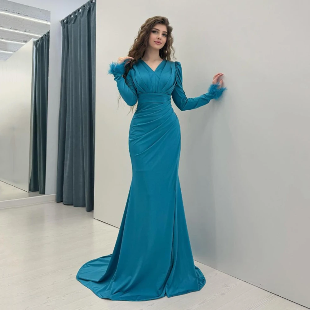 

Customized Baby Blue V-neck Mermaid Pleat Feathers Jersey Evening Dress Sweep Train Full Sleeves Floor Length Pageant Prom Gown