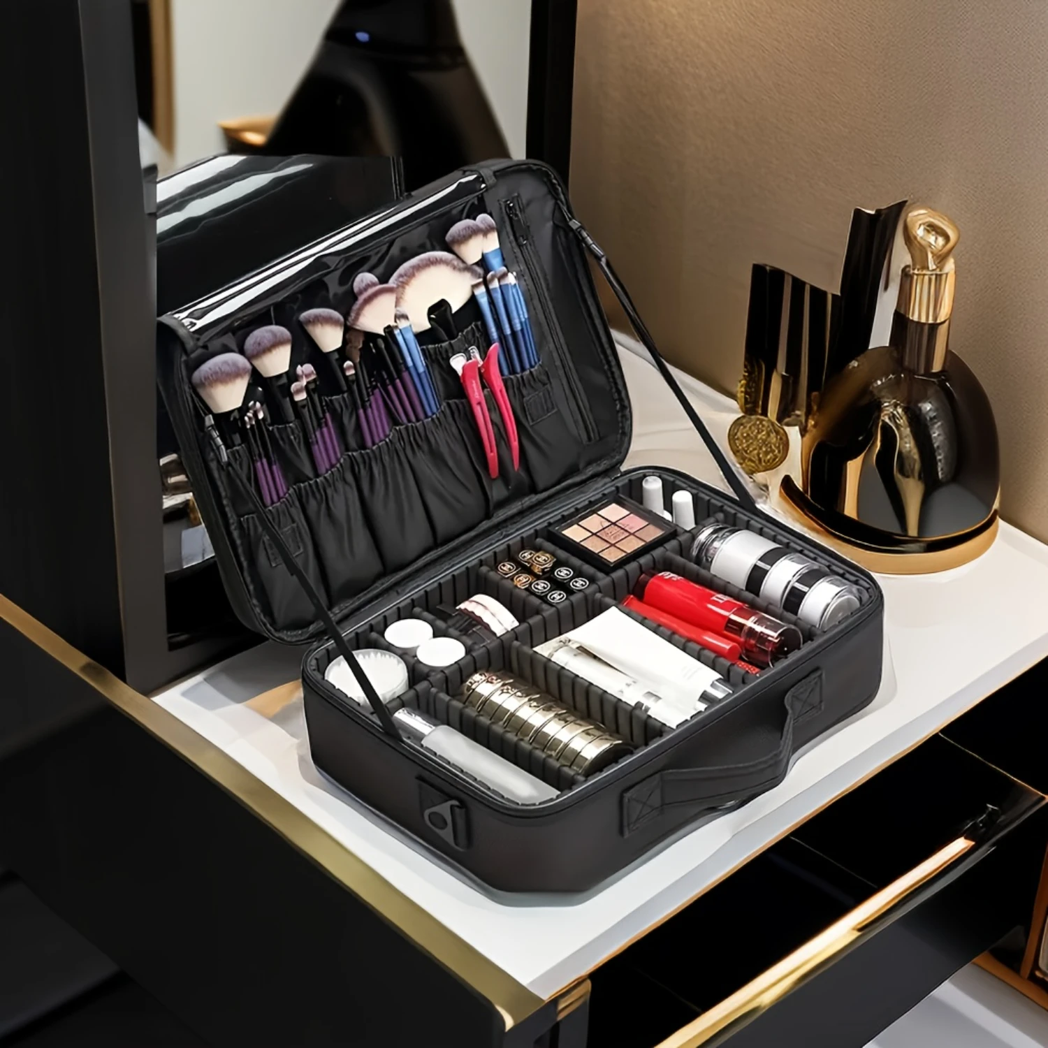 1pc Extra-Large Cosmetic  Box - Travel-Ready, Portable Makeup Case with Adjustable Dividers, Perfect for Cosmetics, Toiletries &