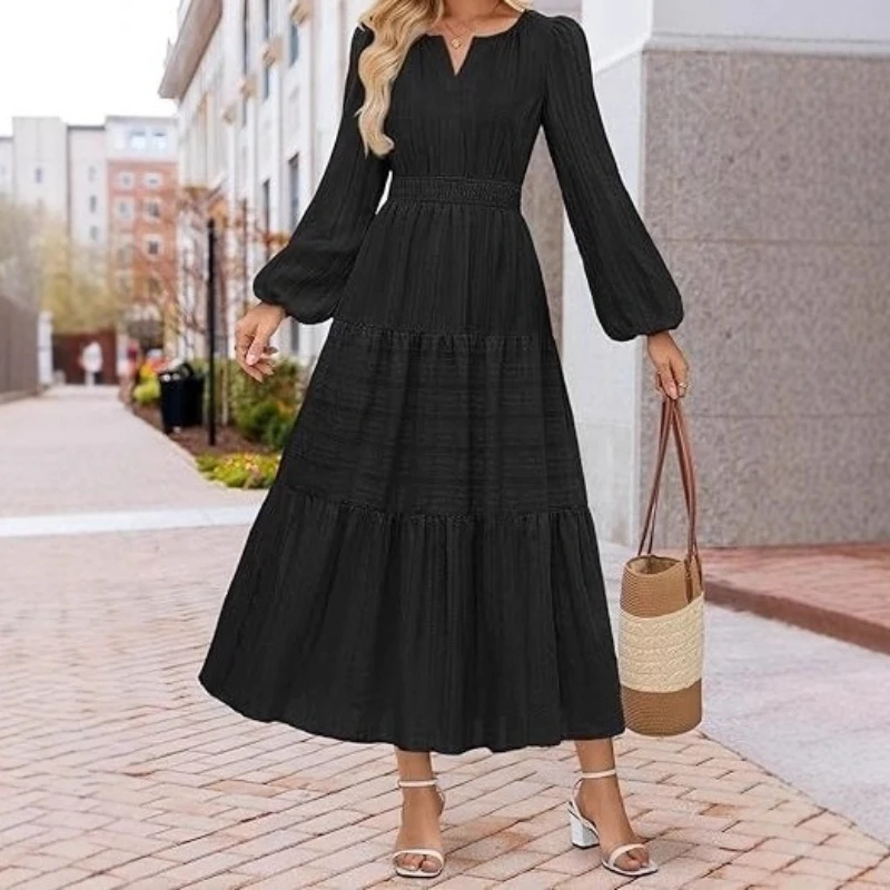 

Fall/Winter 2025 V-neck Slim Bubble Sleeve Dress Is Fashionable and Elegant Commuter Women's Dress