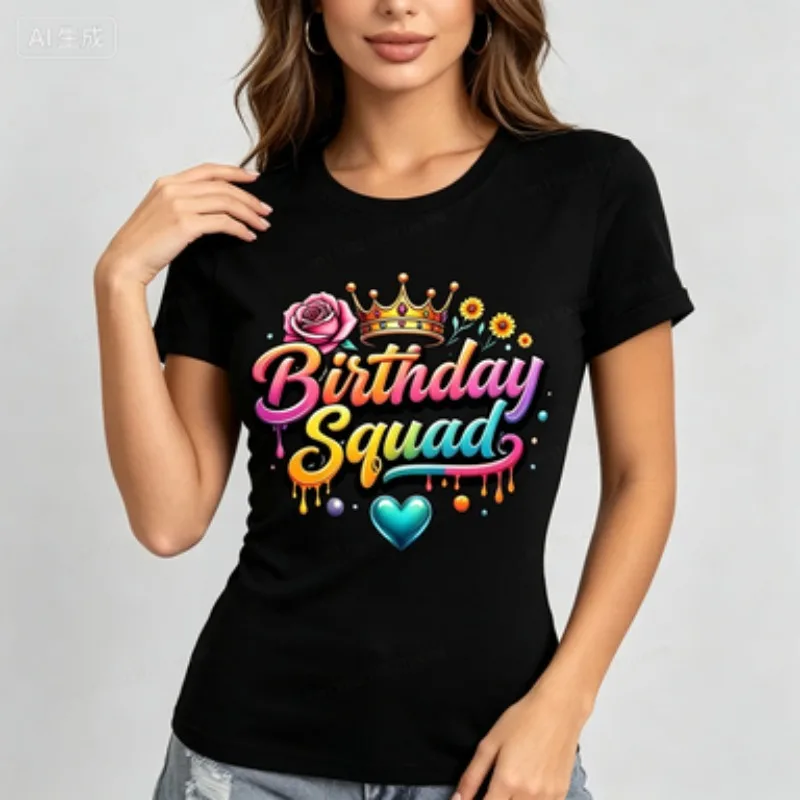 Ladies Soft Modal Round Neck T‑Shirt Colorful Drip Art Birthday Squad Floral Crown Print Casual Short Sleeve Women Basic Tee