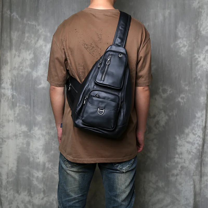 Bolso de pecho de gran capacidad de piel de vaca con capa de cabeza, bandolera de cuero genuino multifuncional, mochila de viaje informal para hombre