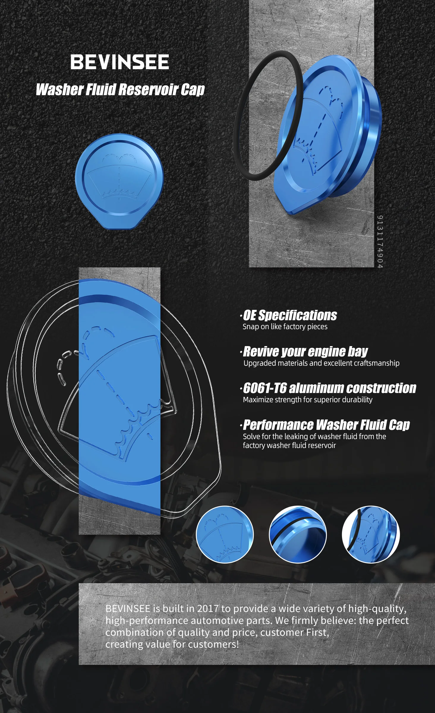 BEVINSEE Aluminium-Scheibenreinigerbehälterdeckel mit O-Ring für BMW E46 320d 330d 320i 323i 325i 330i, Ersatz für 61667007970 – Detail 1