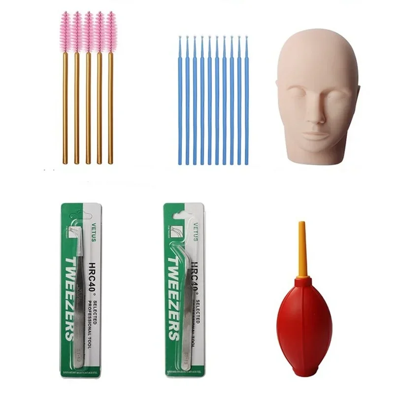 False Eyelash Extension Training Kit Practice Model Head Eye Pads Tweezers Glue Ring Brush Grafting Eyelash Tools Kit