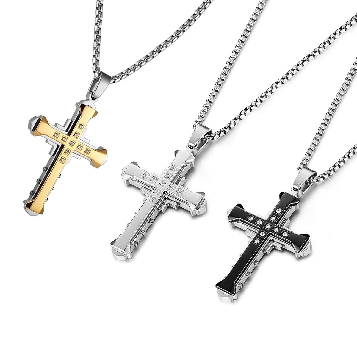 Religion Men's Large Byzantium Stainless Steel Cubic Zirconia Cross Necklace Pendant For Father Son