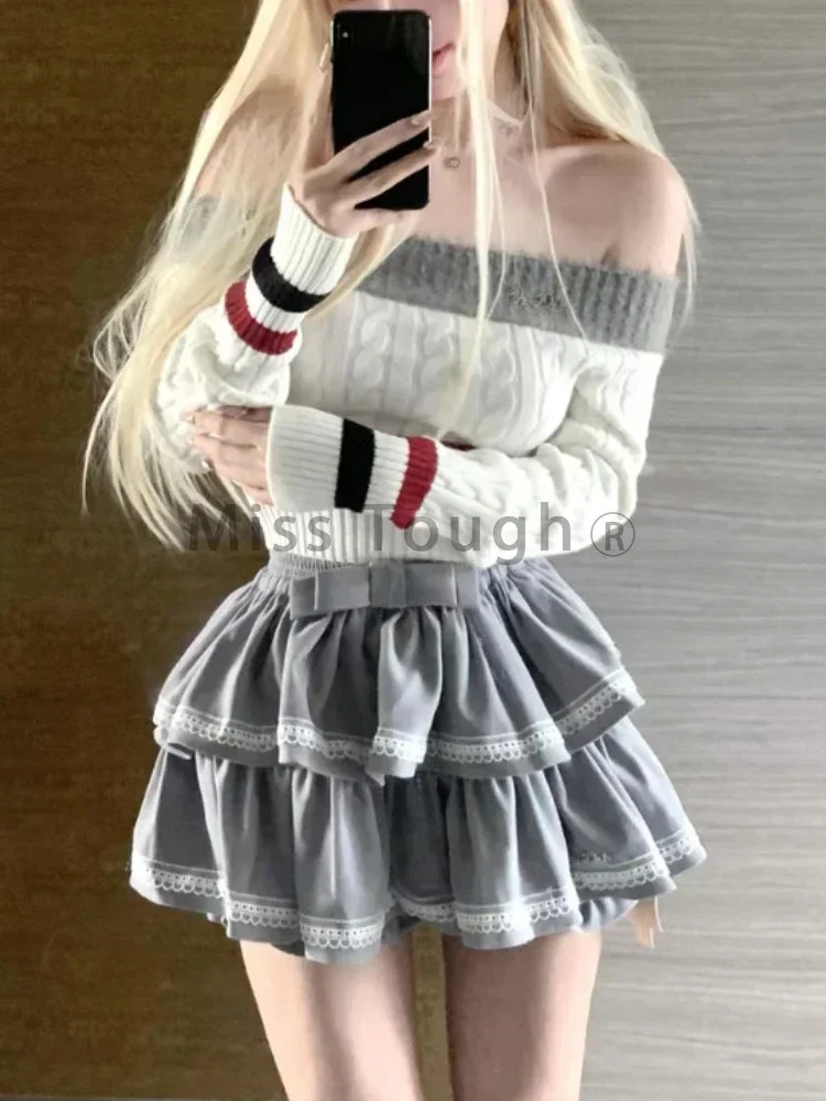 Retro College Style Gray Knit 2 Piece Set Women Sweet High Street Skirts Sets Female Off Shoulder Sweater + Bow Mini Skirt Suit