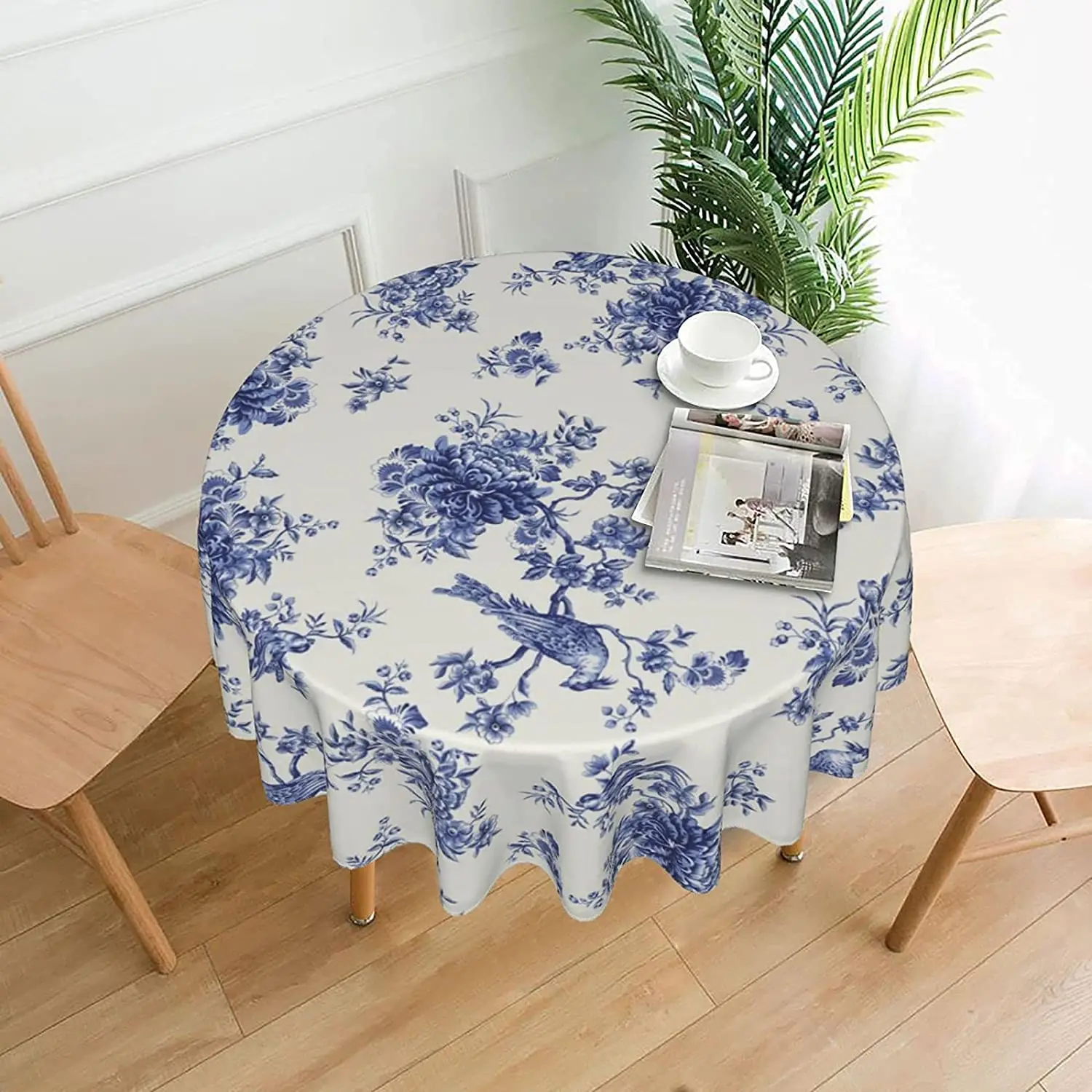 Floral Blue and White Spring Tablecloth Summer Birds 60\'\' Round Tablecloth with Wrinkle Resistant for Party Tabletop Dining Room