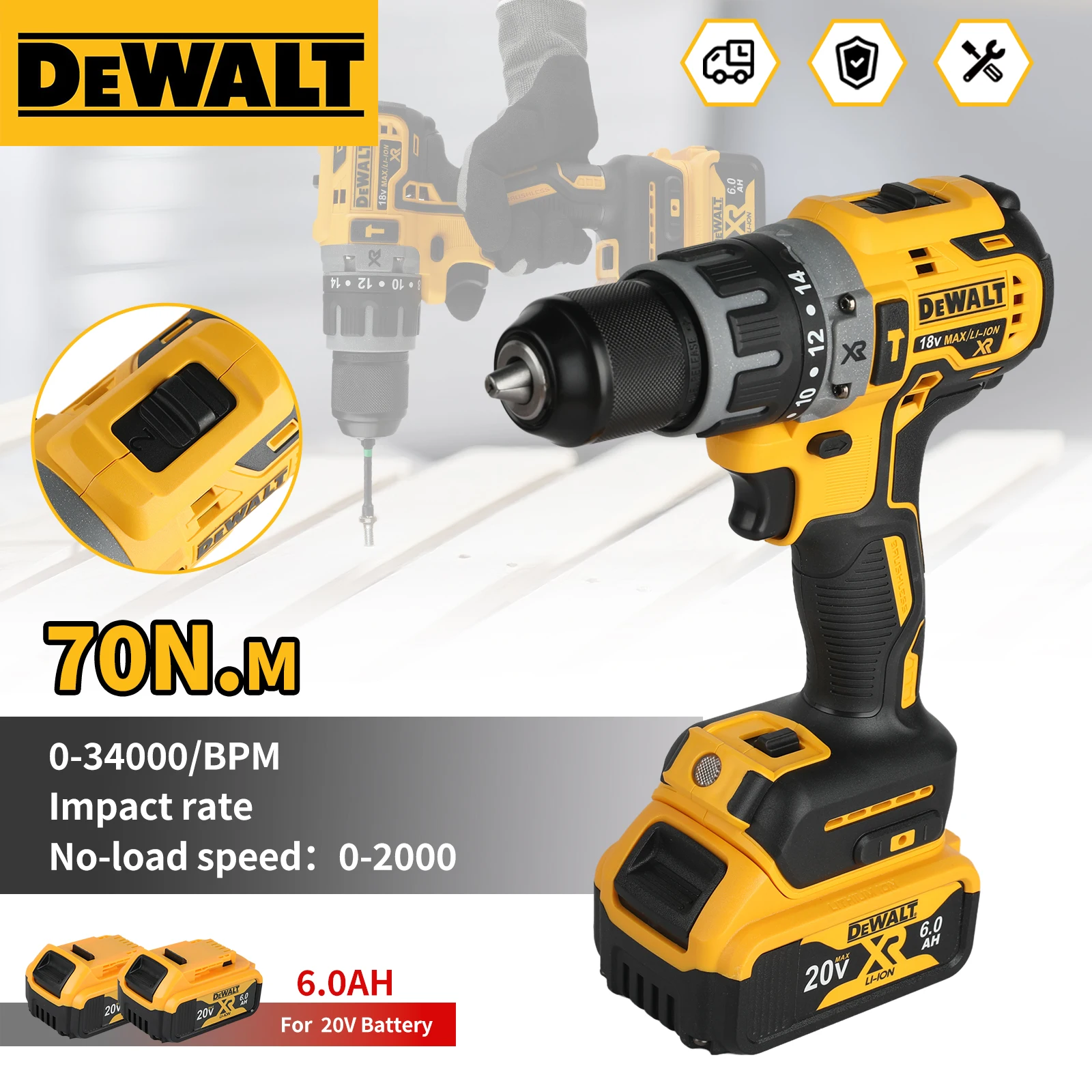 

Dewalt DCD791 20V Brushless Impact Drill 70N.m Torque 0-2200RPM 14+1 Clutch 6.0Ah Battery for Wood Metal Drilling Power Tool