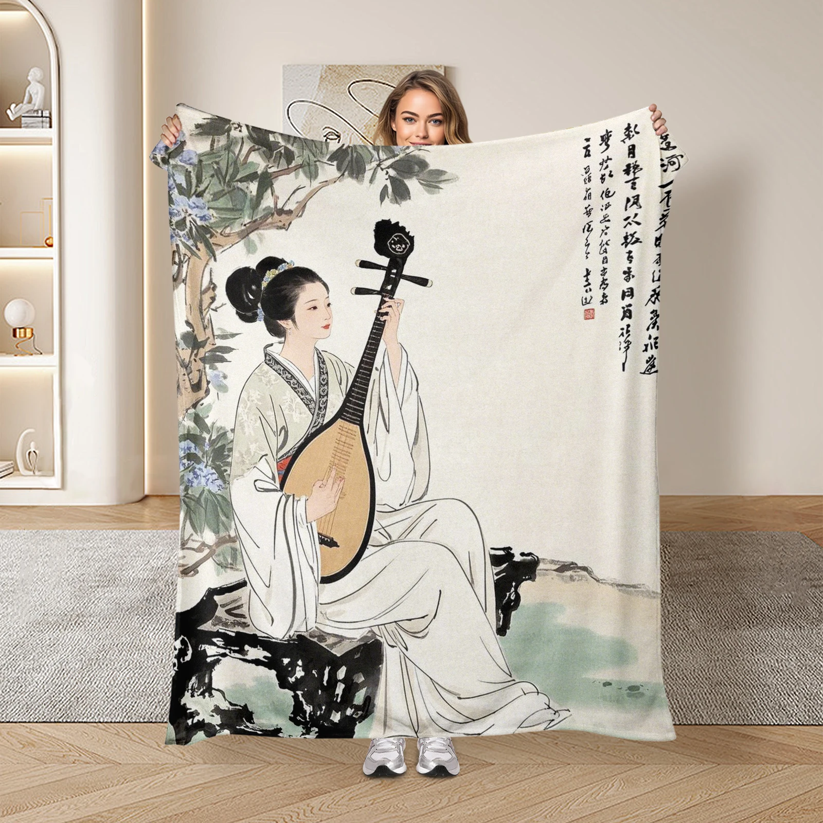 Cozy And Stylish Ancient Chinese Lady With Pipa And Classic Poetry Blanket, Ideal Gift Choice