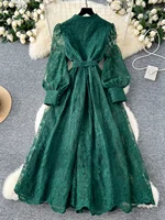 High-End Women's Dress Heavy Embroidery A-Line Long Skirt V-Neck Lantern Sleeve Single Button High Waist Korean Style Commute - Image 4