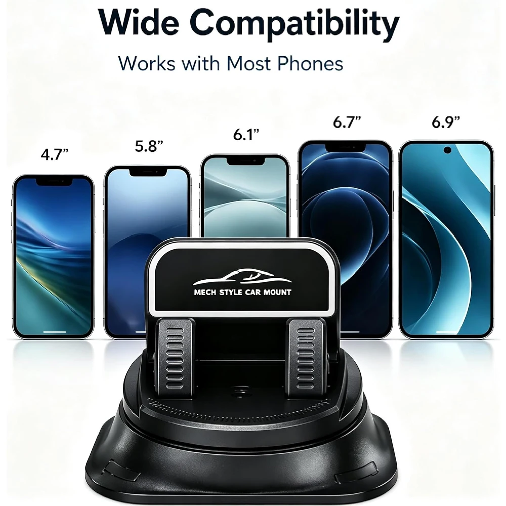 One-Hand Operated Rotating Phone Stand for Dash, Non-Vibration Double Layer Holder, Fits Most Trucks & Autos