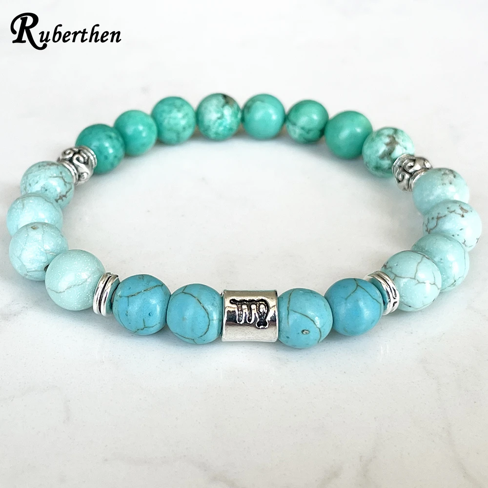 Ruberthen Scorpio Zodiac Bracelet For Women 8 MM Hubei Turquoise Green Turquoise Energy Wrist Mala Natural Gemstone Jewelry