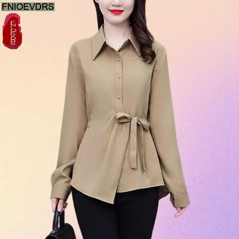 M-4XL Loose Clothes Women Winter Basic Wear Shirts Elegant Office Lady Retro Vintage Lace-Up Bow Tie Tunic Peplum Tops Blouses