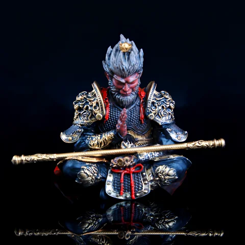 Vibrant Monkey King Figurine - 1 Set Hand-Painted Plastic Car Dashboard Ornament with Golden Hooped Staff