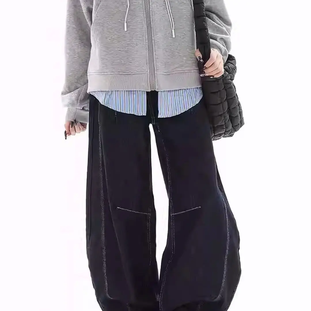 المرأة الأمريكية الرجعية شارع العليا بسيط الأزرق الجينز 2025 الخريف فضفاض واسعة الساق الدنيم السراويل الشارع الشهير عارضة السراويل الفضفاضة