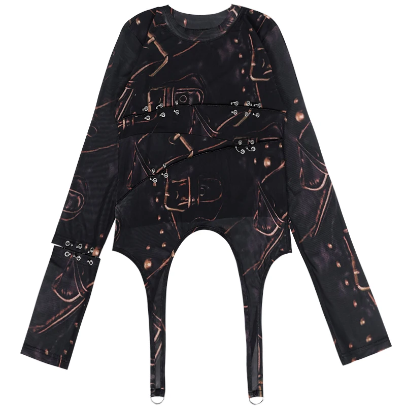 Women Punk Personalized Bottoming Shirt Metal Ring Printed Asymmetric Design Long Sleeve Slim Cool Goth Grunge Shirt Pullover