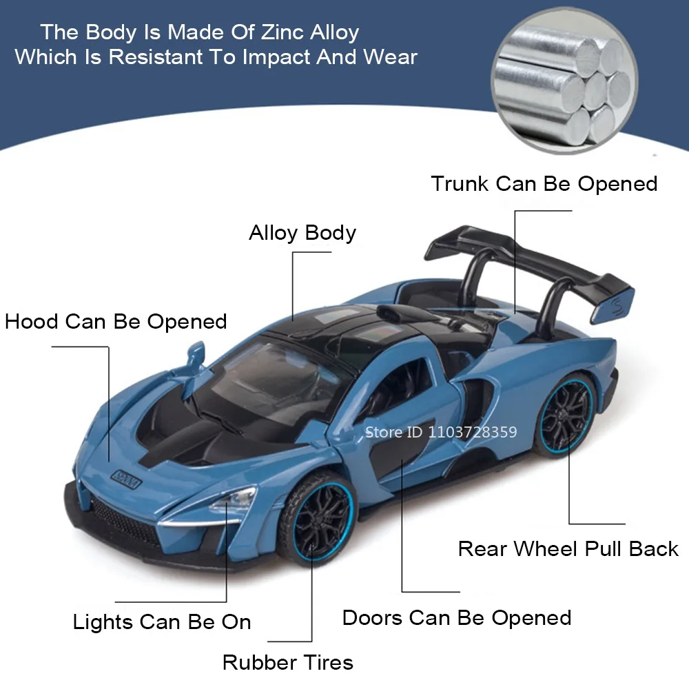 Modelo Senna 1:32 720S, coches deportivos de juguete, aleación, luz de sonido fundido a presión, exquisitos modelos de supercoche Interior para niños, regalos
