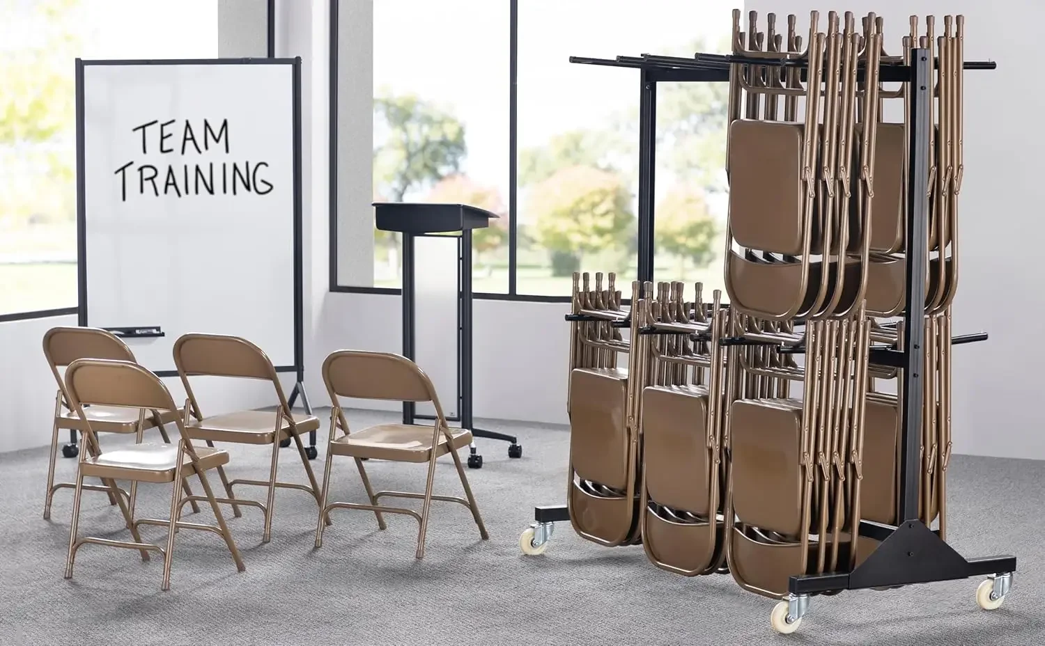 عربة كرسي قابلة للطي بطبقتين، عربة تخزين مطلية بالمسحوق شديدة التحمل، تحمل 84 كرسيًا، فولاذًا تجاريًا، أسود