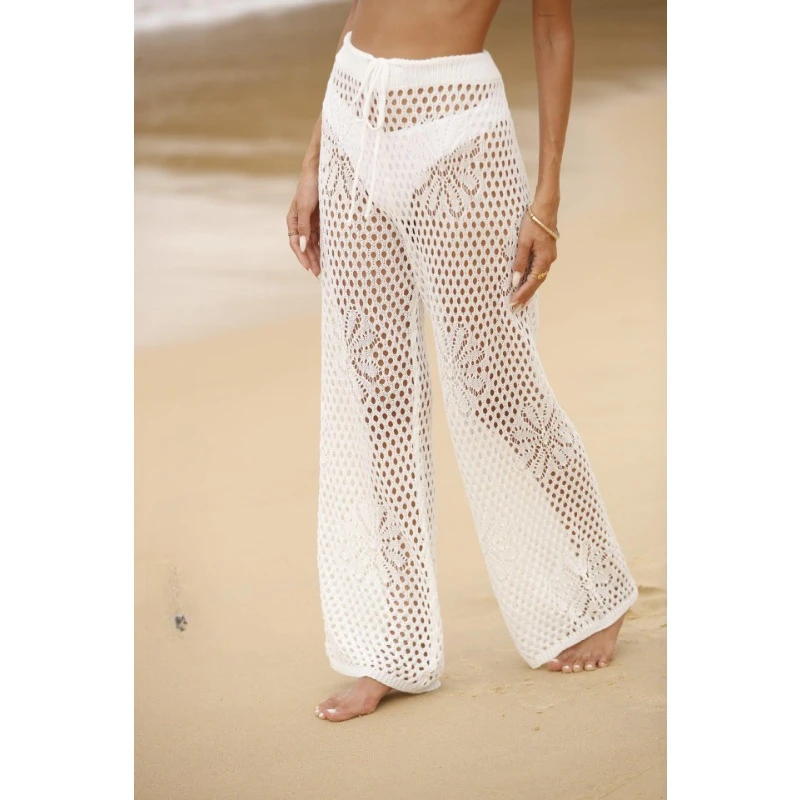 Summer Sexy Hollow Out Wide Leg Pants Women Beach Cover Up Bikini Trousers Lace-ups See-through Vacation High Street Knit Pant