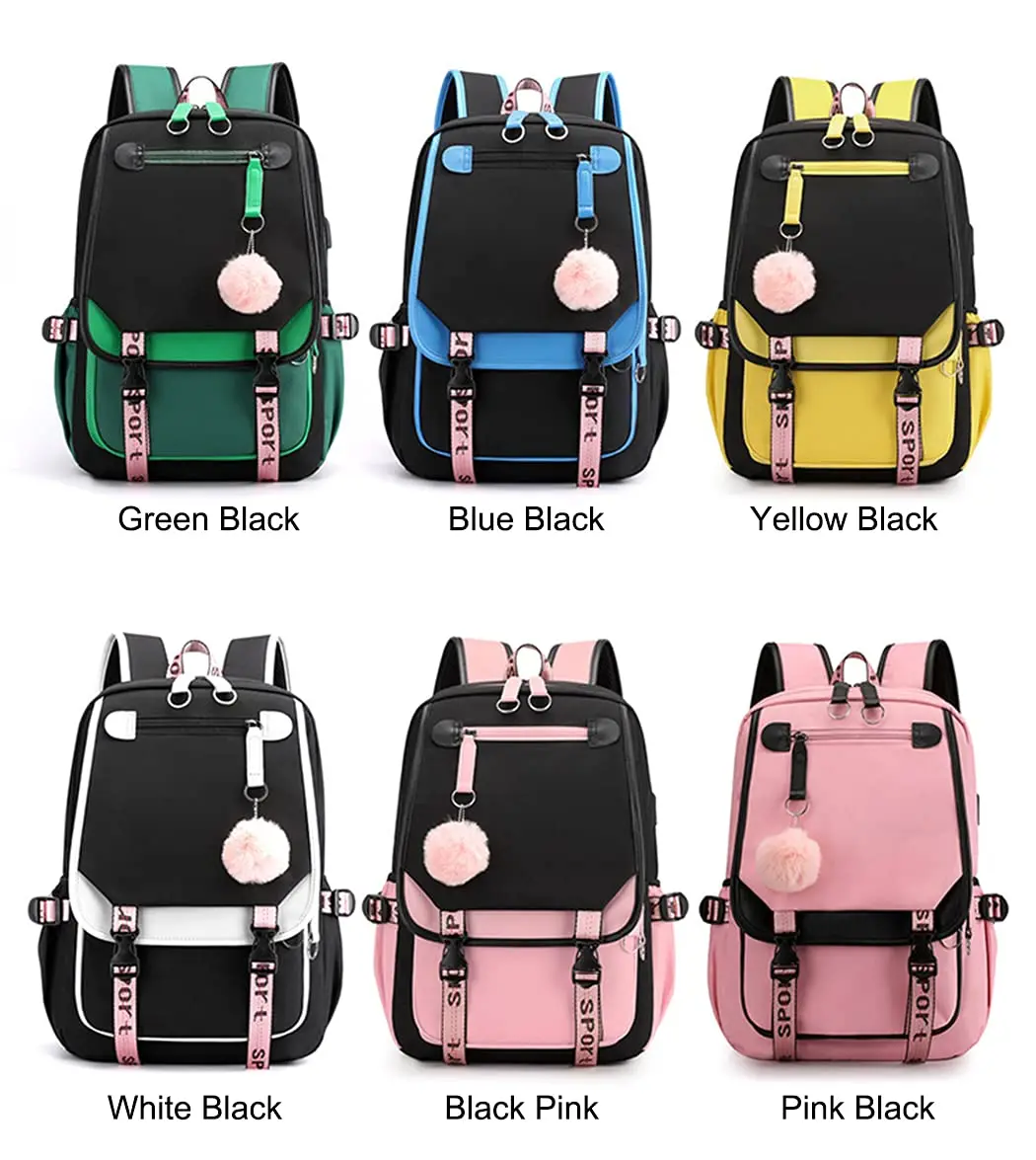 

Little Girls Student Schoolbag Outdoor Backpack with USB Charging Port, Black Pink, Backpack