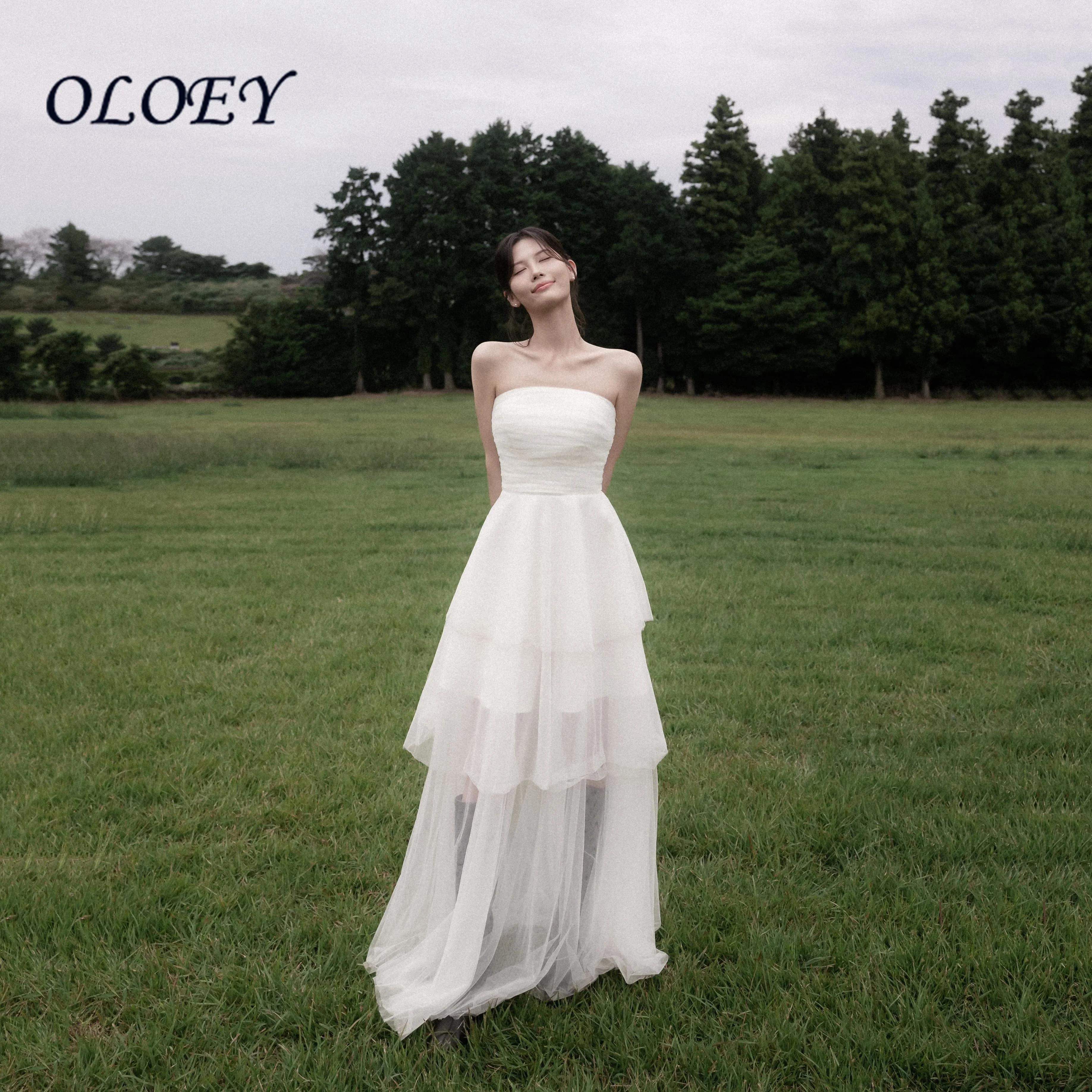 Oloey Customized 2027 White Tulle Evening Dress Strapless Ruched Layered Tiered Civil Wedding Bridal Gown Prom Party Dress