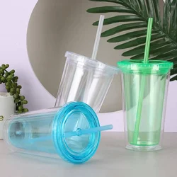 1PC-Plastic Reusable Tumblers Cups With Lids and Straws Water Bottles Double Layer Travel Mug Party Juice Birthday Christmas