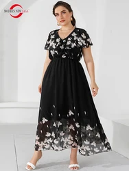 Vestido largo negro de manga corta para mujer, vestido Floral elegante para fiesta, talla grande, 2023