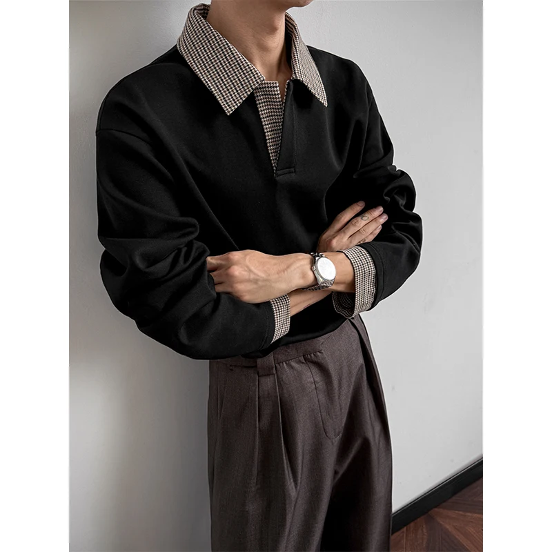 

Autumn Long Sleeved T-shirt Men Fashion Casual Black Lapel T-shirt Men Streetwear Korean Loose Plaid T Shirt Mens Top M-3XL