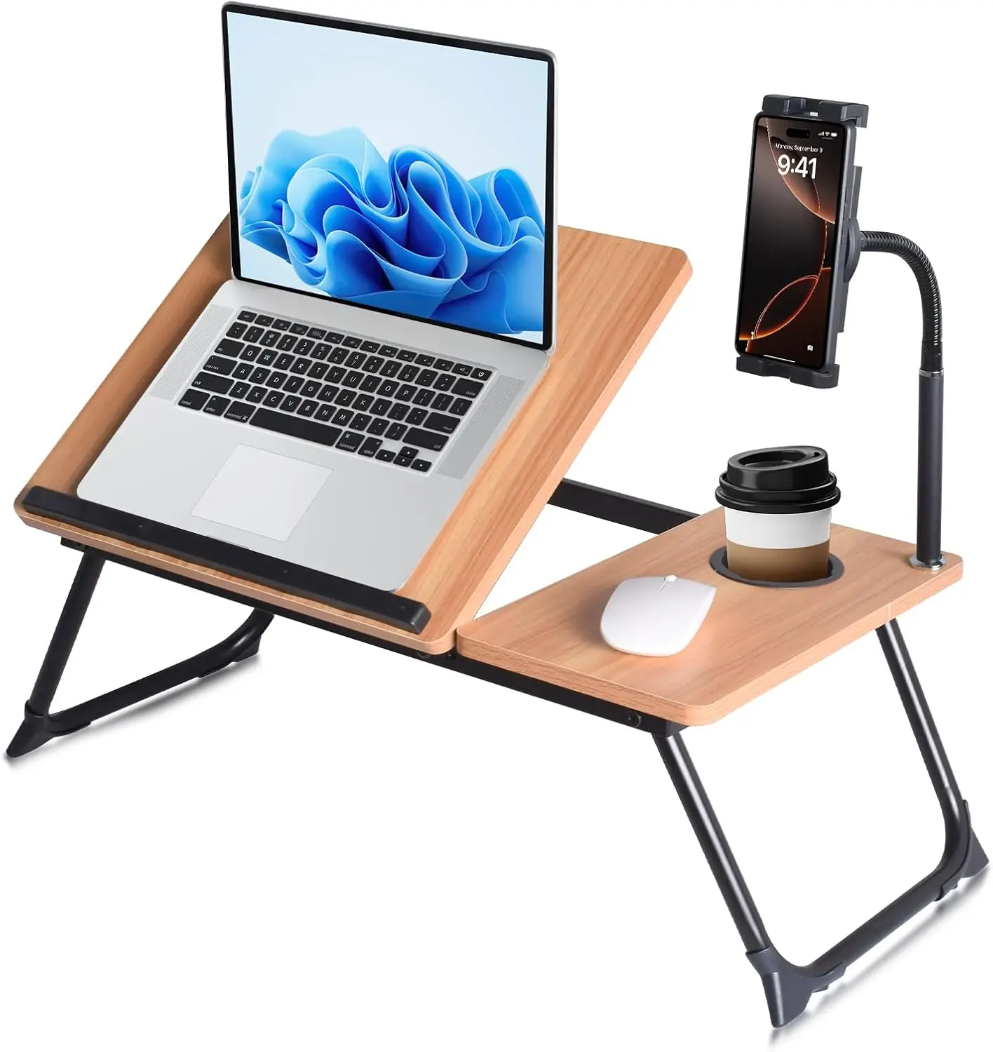 

Adjustable Wooden Lap Desk with Flexible Stand, Natural Oak Color, Portable Workstation for Home Office