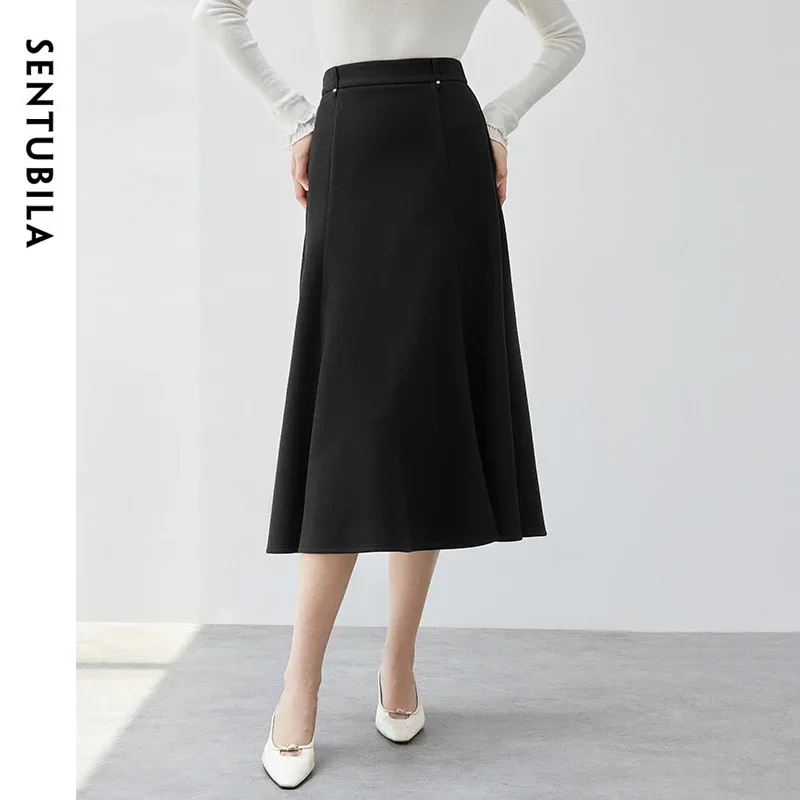 Sentubila senhora do escritório saia de malha feminina 2024 inverno simples elegante cintura alta trabalho negócios preto saia longa 144q56760