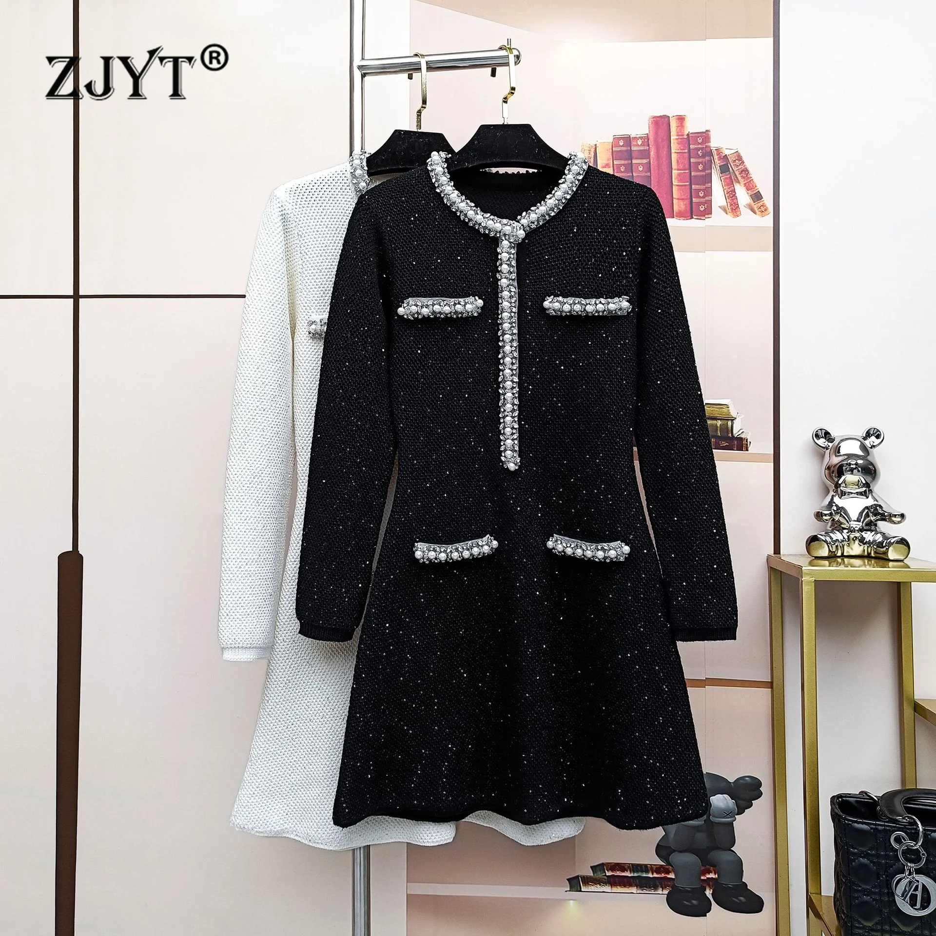 

ZJYT Elegant Luxury Beading Knitting Sweater Dresses Women Spring 2025 Long Sleeve Party Dress White Black Female Vestidos