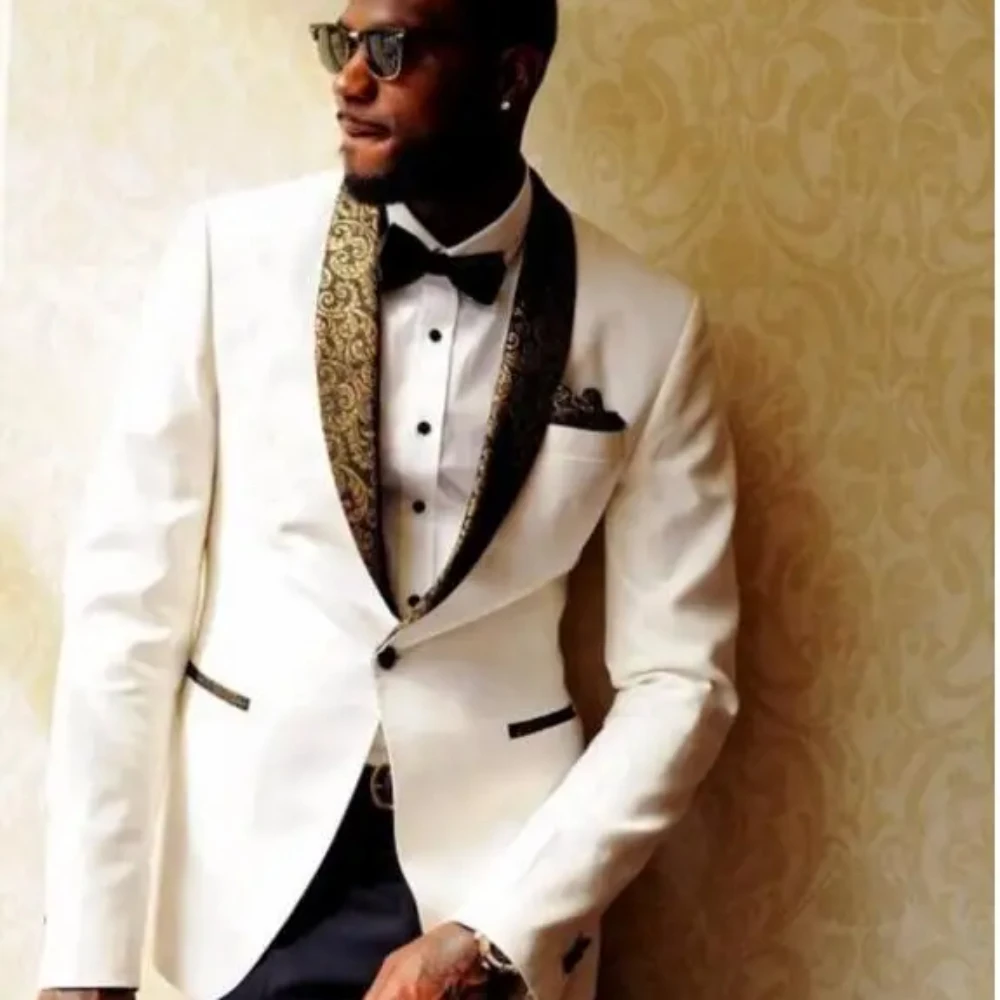 

White Wedding Suits For Men Black Jacquard Shawl Lapel Men Suit Custom Slim Fit 2 Piece 2024 Prom Tuxedo Style Groom Blazer Sets