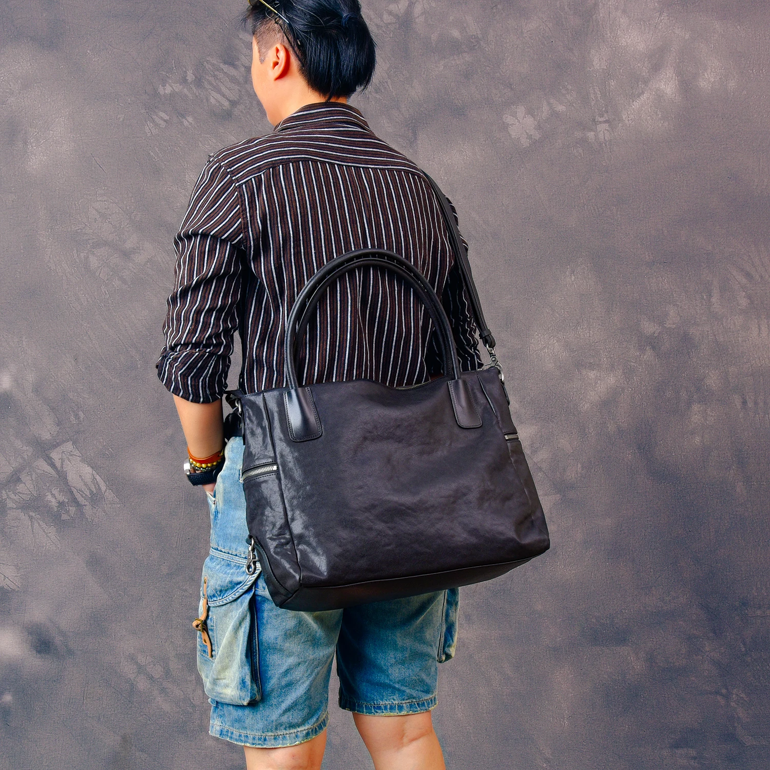 casual handmade vegetable tanned cowhide men's women's large-capacity briefcase fashion vintage real leather black handbag