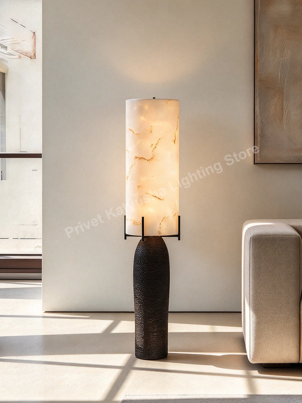 Classic Large Home Decor Large Imitation Marble Floor Lamp, Villa Duplex Living Room Artificial Alabaster Standing Light