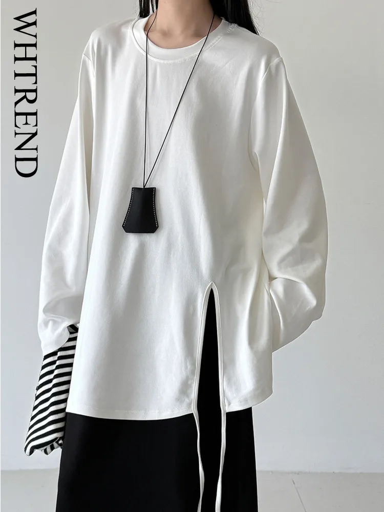 

WHTREND, простая повседневная футболка в корейском стиле с завязками и разрезом по подолу для женщин, осенние новые рубашки с внутренним слоем WH1518