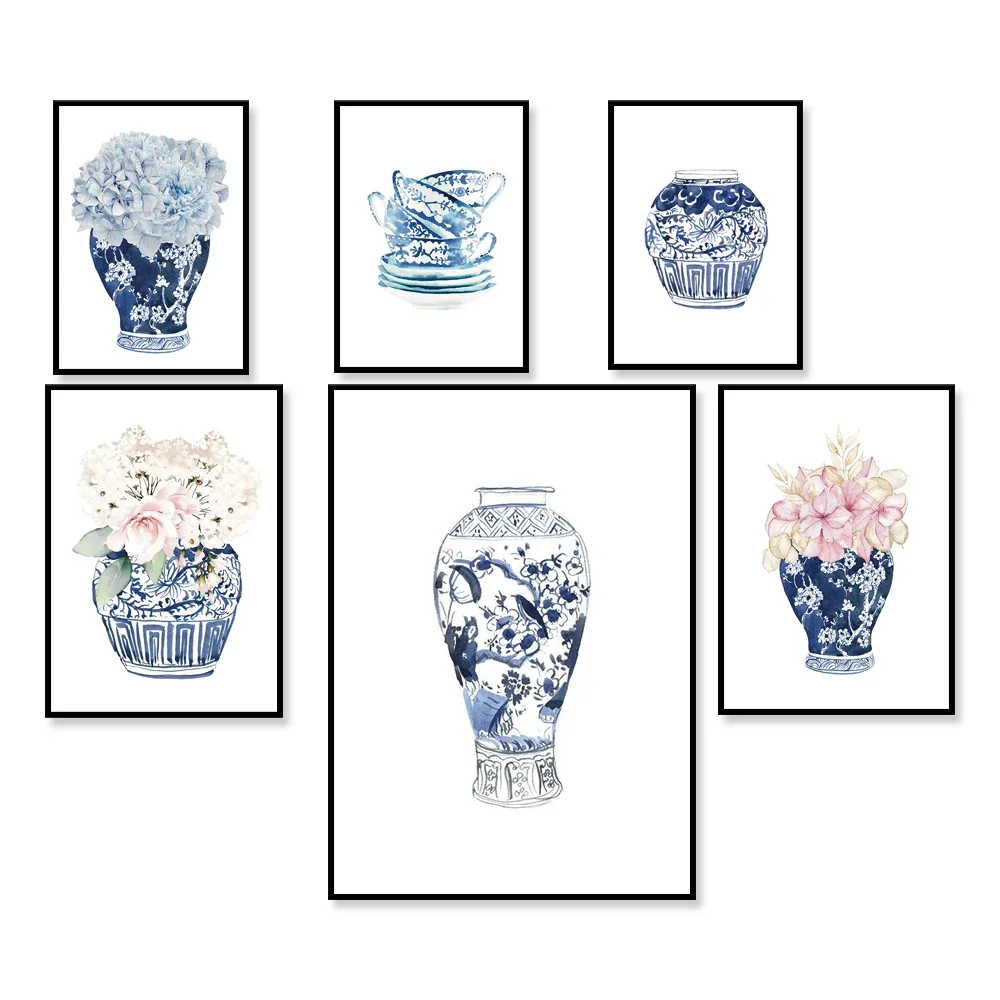 Hamptons Cups Floral Blue Flowers, Hamptons Floral Blue Ginger Pot Vase, Vase with Hydrangea Print, Asian East Art Poster