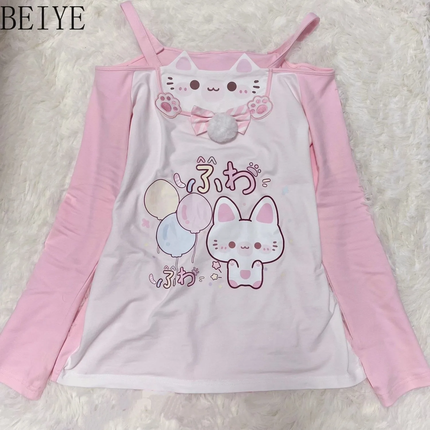 Japanese Women's Tees Sweet and Cute Two-dimensional Girl's T-shirts Cat Print Spring/autumn Off-the-shoulder Long-sleeved Top