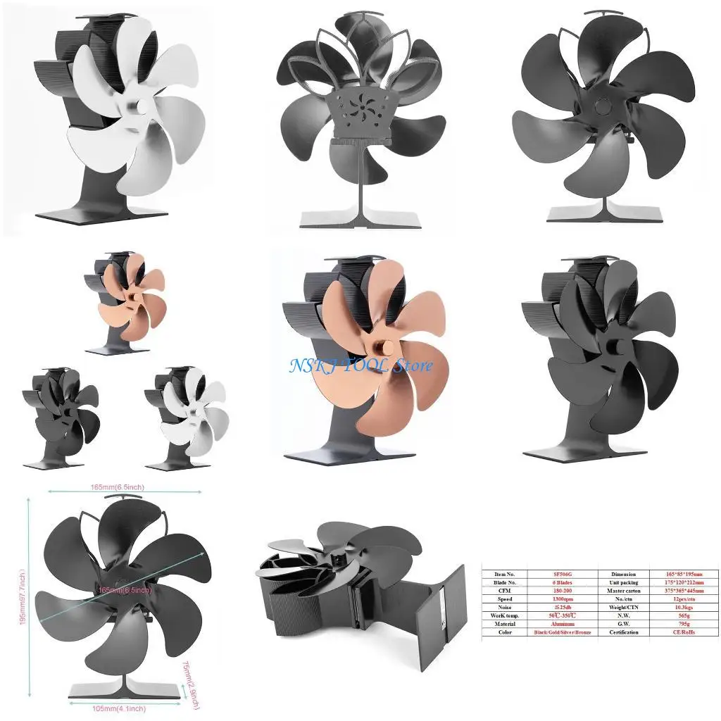 

L8RC Heat Powered 6 Stove Fan Sf506g with Thermometer for Wood Log for Burner Saving Efficiently Disperses Warm A