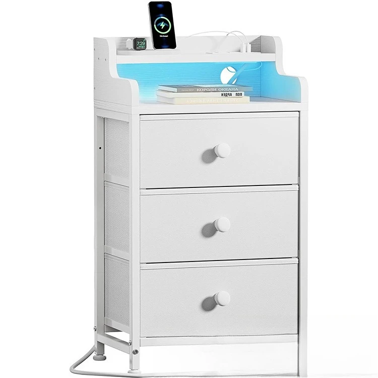 

Bedside table with charging station, with 3 drawers and 2 layers of shelves, bedside table with sturdy steel frame