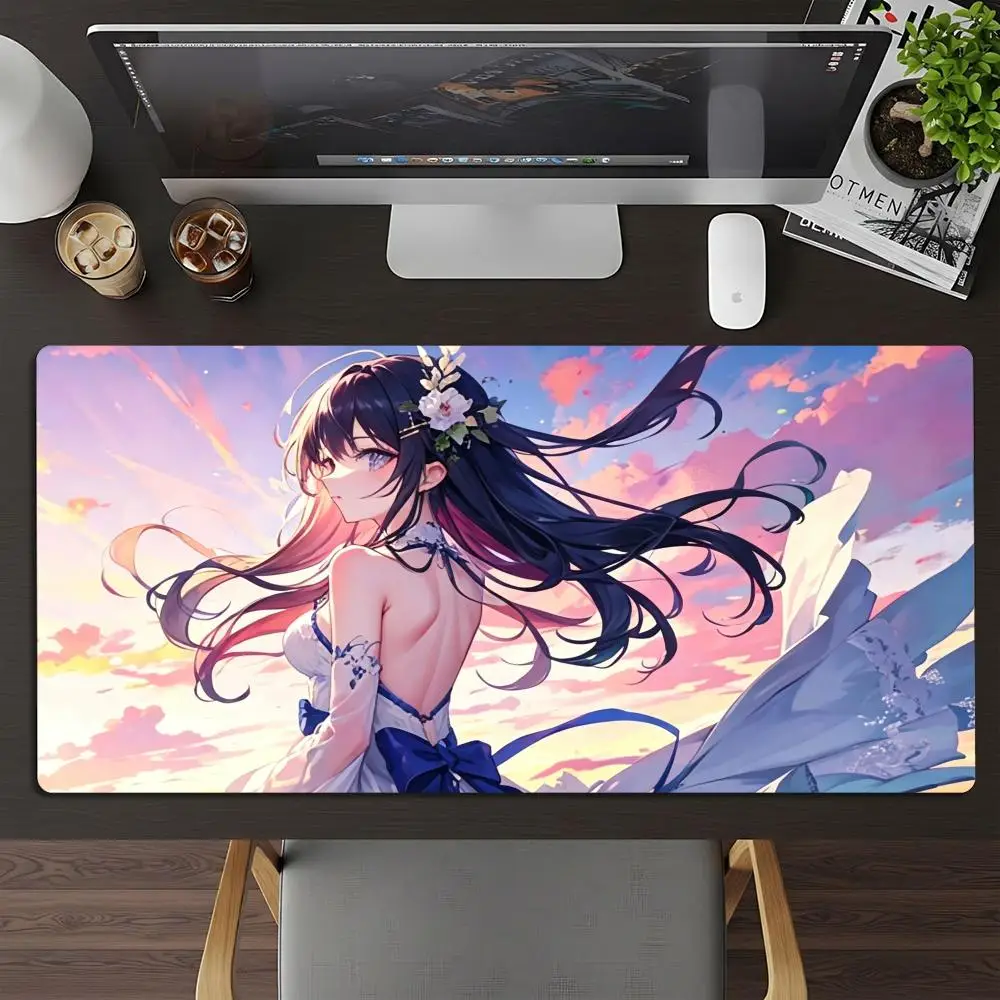 Large Anime Beauty Girl Mouse Pad XXL Seaside Flower Field Non‑Slip Rubber Deskmat Pc Game Keyboard Mats Computer Mouse Mat