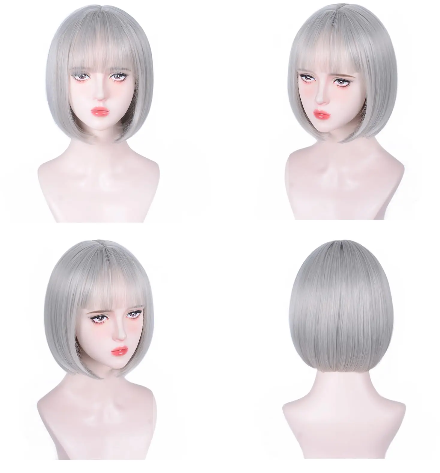 Wig Sintetis Bob Merah Muda Rambut Lurus Pendek dengan Poni Cosplay Halloween Multiwarna Pakaian Sehari-hari Wig Sutra Suhu Tinggi