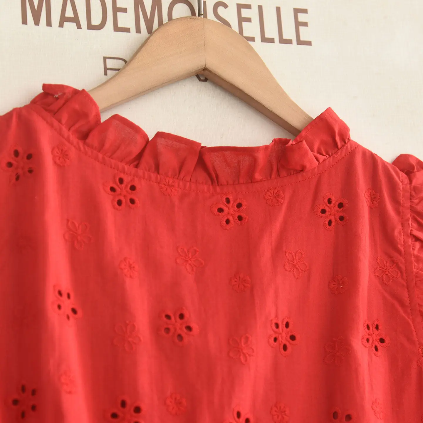 Harajuku Vintage Red Eyelet Embroidery Sleeveless Mini Dress Ruffle Strap Tie Front Loose Swing Sundress Women Summer Vacation