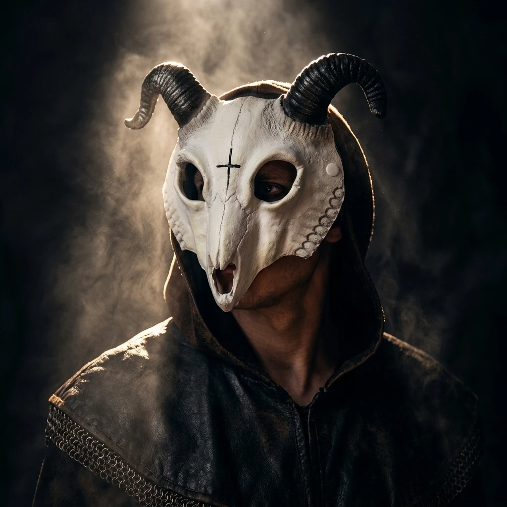 Halloween Goat Skull Mask Half Face Resin Goat Skull Mask With Horns For Halloween Horror Party Costume Use Bone White With Black Horn Detailed Spiral Horn Design Aged Bone Finish Effect For Adult Halloween Costume Fans Hot Sale 2026 Halloween Wholesale
