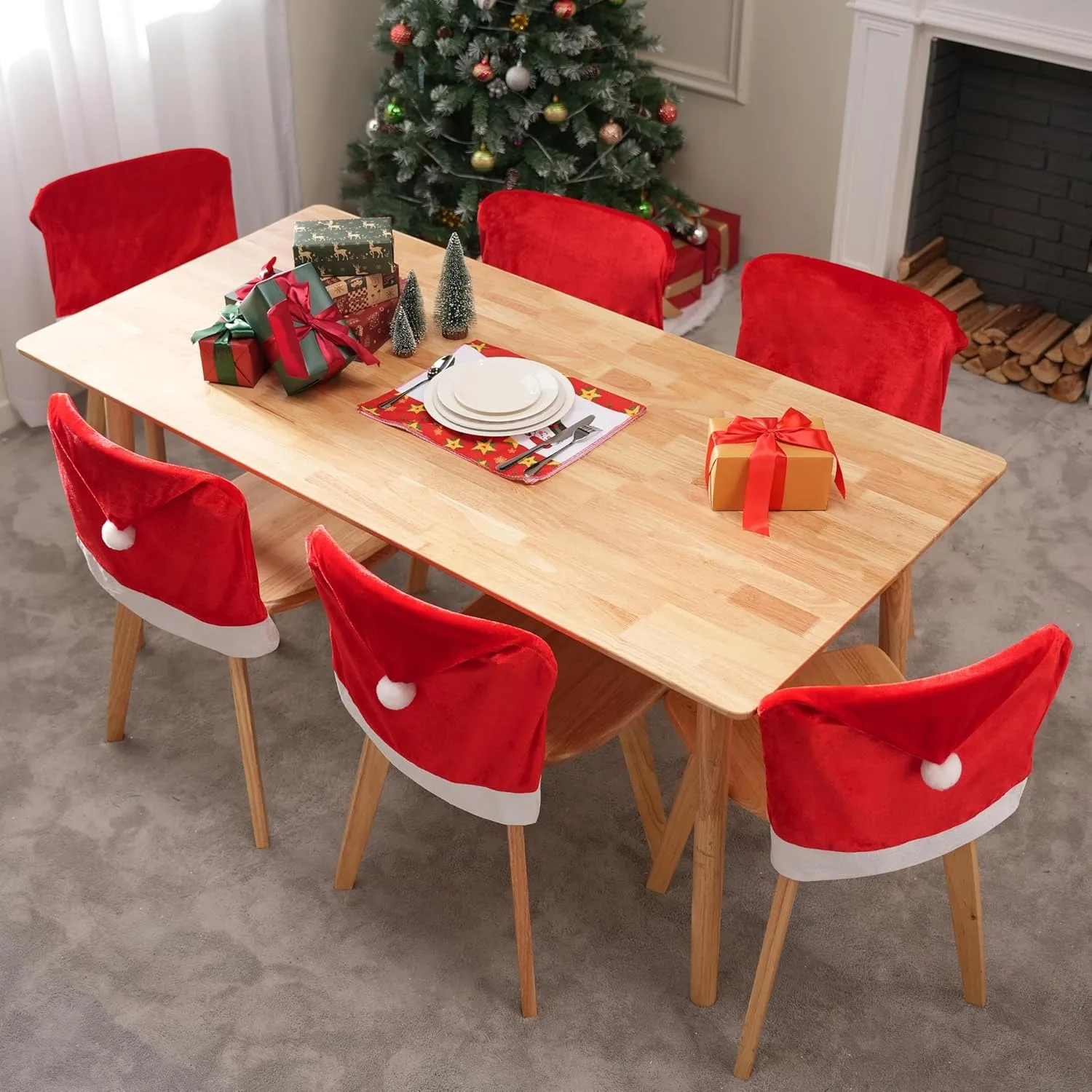 4 Pcs Christmas Chair Cover Party Packs Red Santa Hat Chair Slipcovers for Christmas Holiday Festival Decoration Santa Claus Chair Back Covers Xmas Indoor Decor Ornaments Set view 8