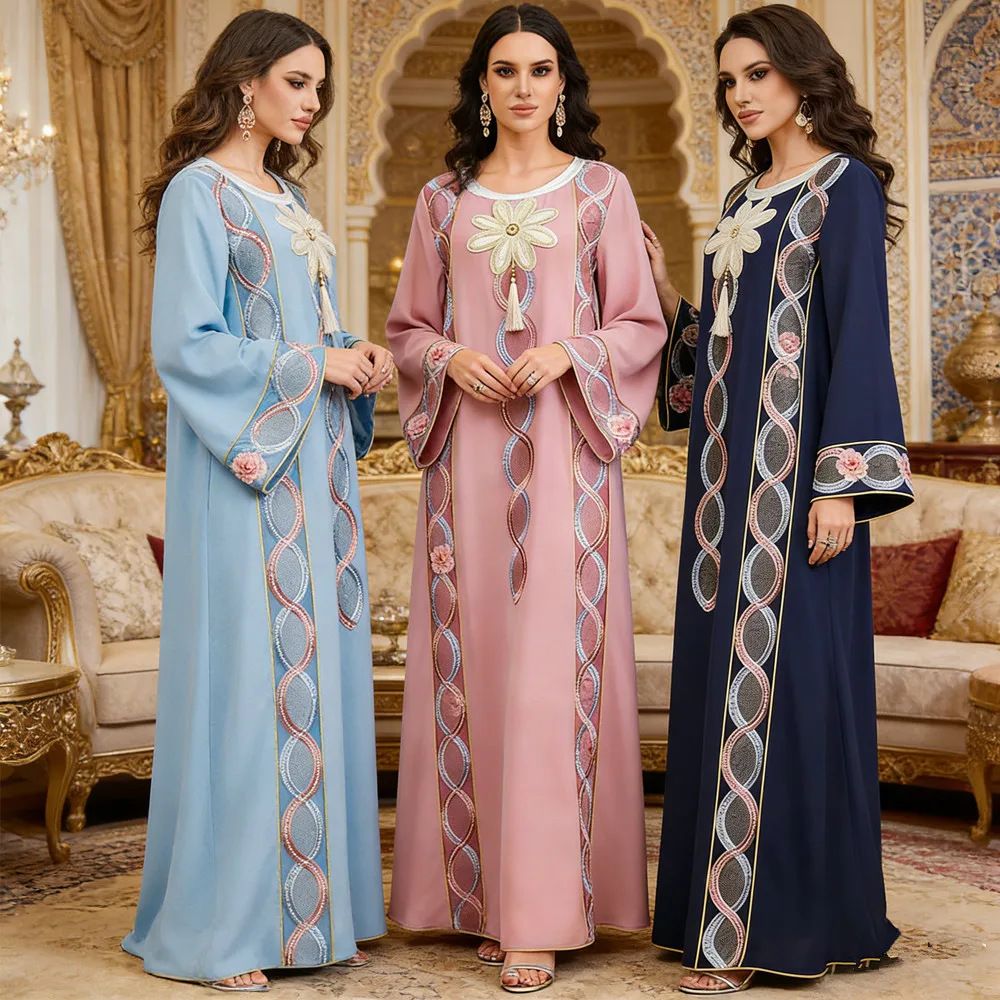 

Новое мусульманское женское платье с вышивкой, дубайская абайя с кисточками, турецкий кафтан, джеллаба, исламская джалабия, кебая, марокканский кафтан, женское платье