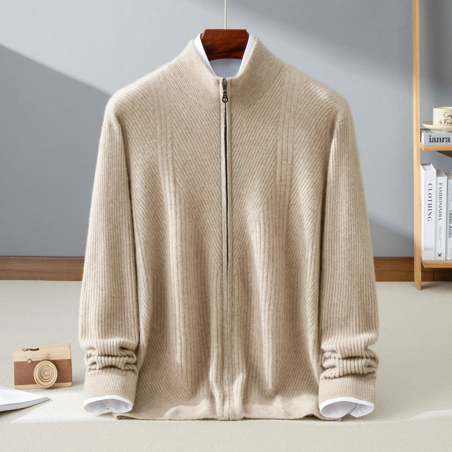 100% Cashmere Men's Cardigan Casual Striped Knitted Sweatercoat Luxury Pull Stand Up Collar Loose Half High Collar Jumper Zipper
